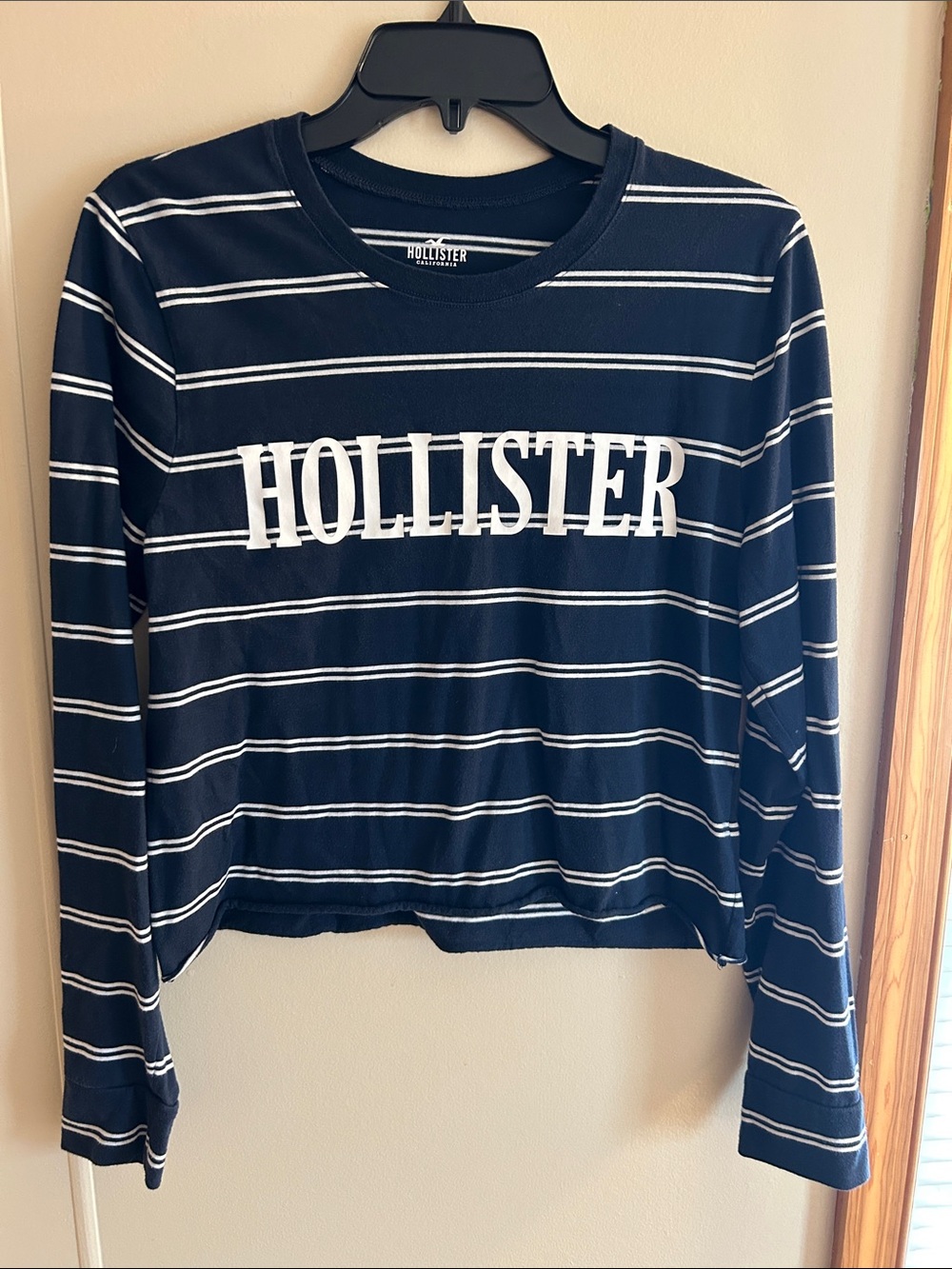 Hollister Navy & White Striped Long Sleeve Logo Tee